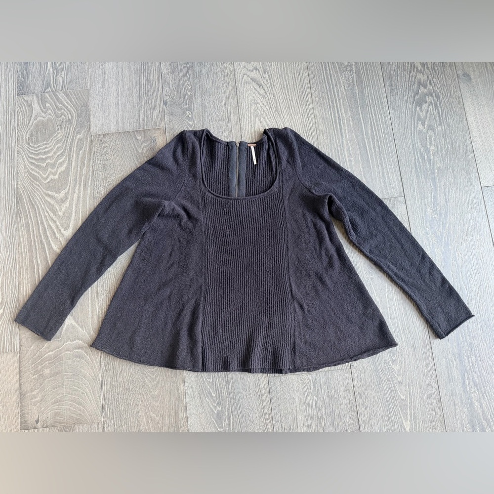Free People Square Neck Flowy Ribbed Back Zip Sweater in Black Size Large